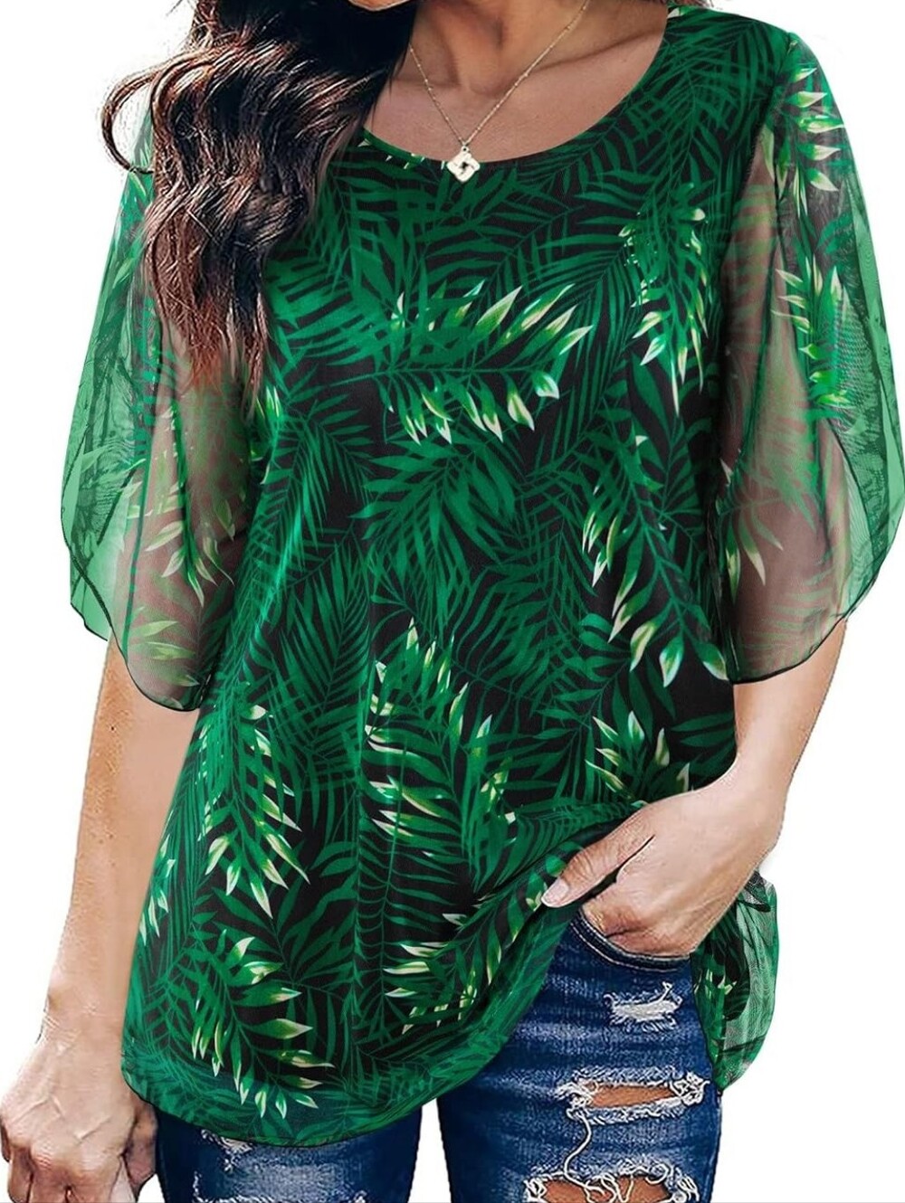Sese Code, Palm-Print Sheer Flutter Sleeve Women's Top